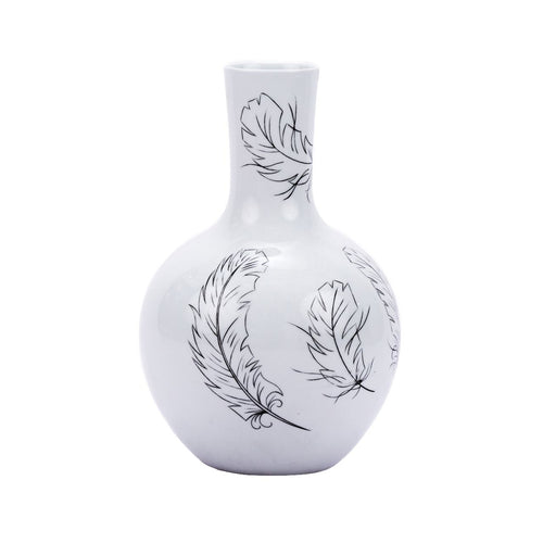 White Globular Vase With Black Feathers By Legends Of Asia