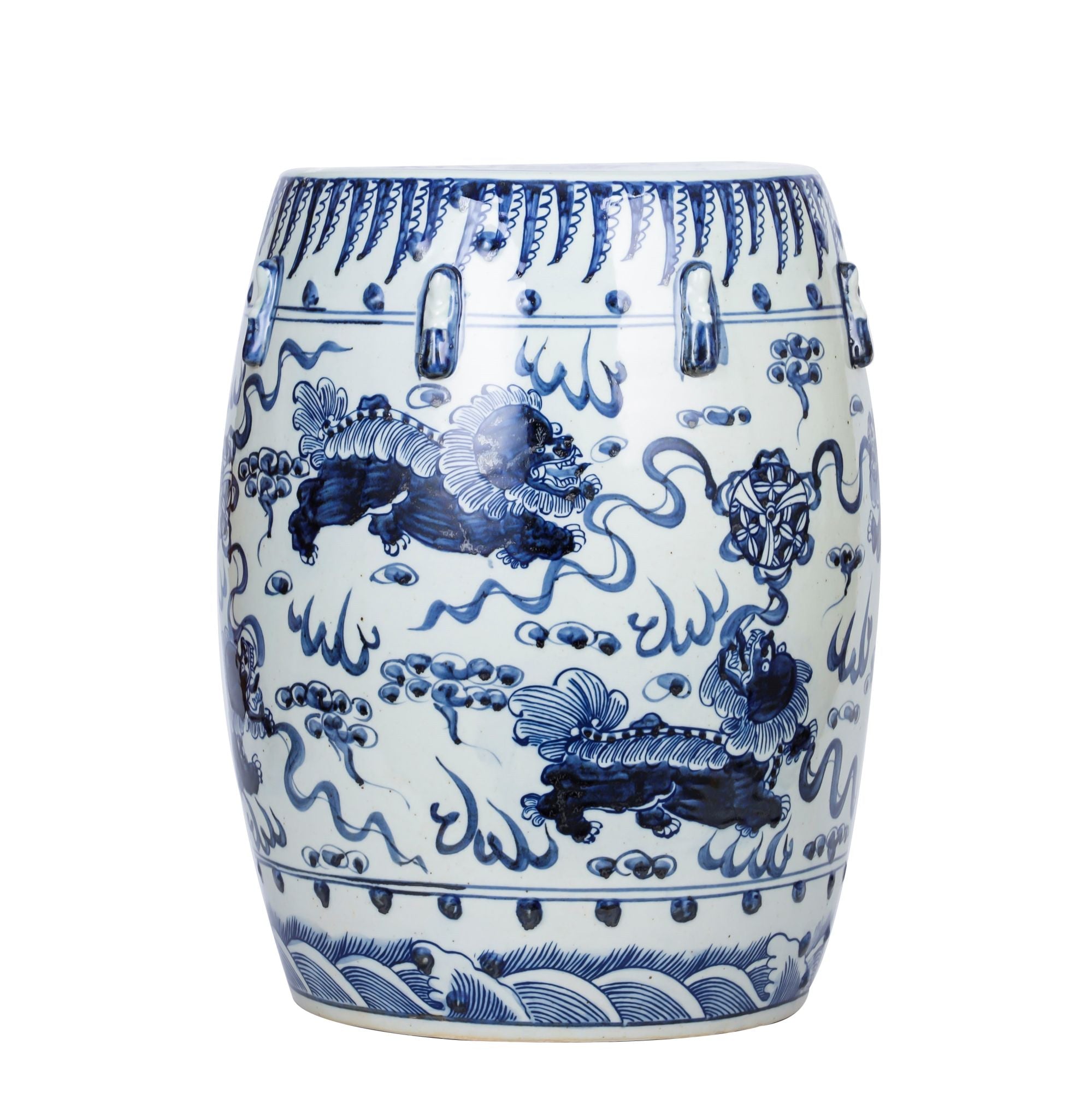 Blue and White Garden Stool Lion Motif By Legends Of Asia