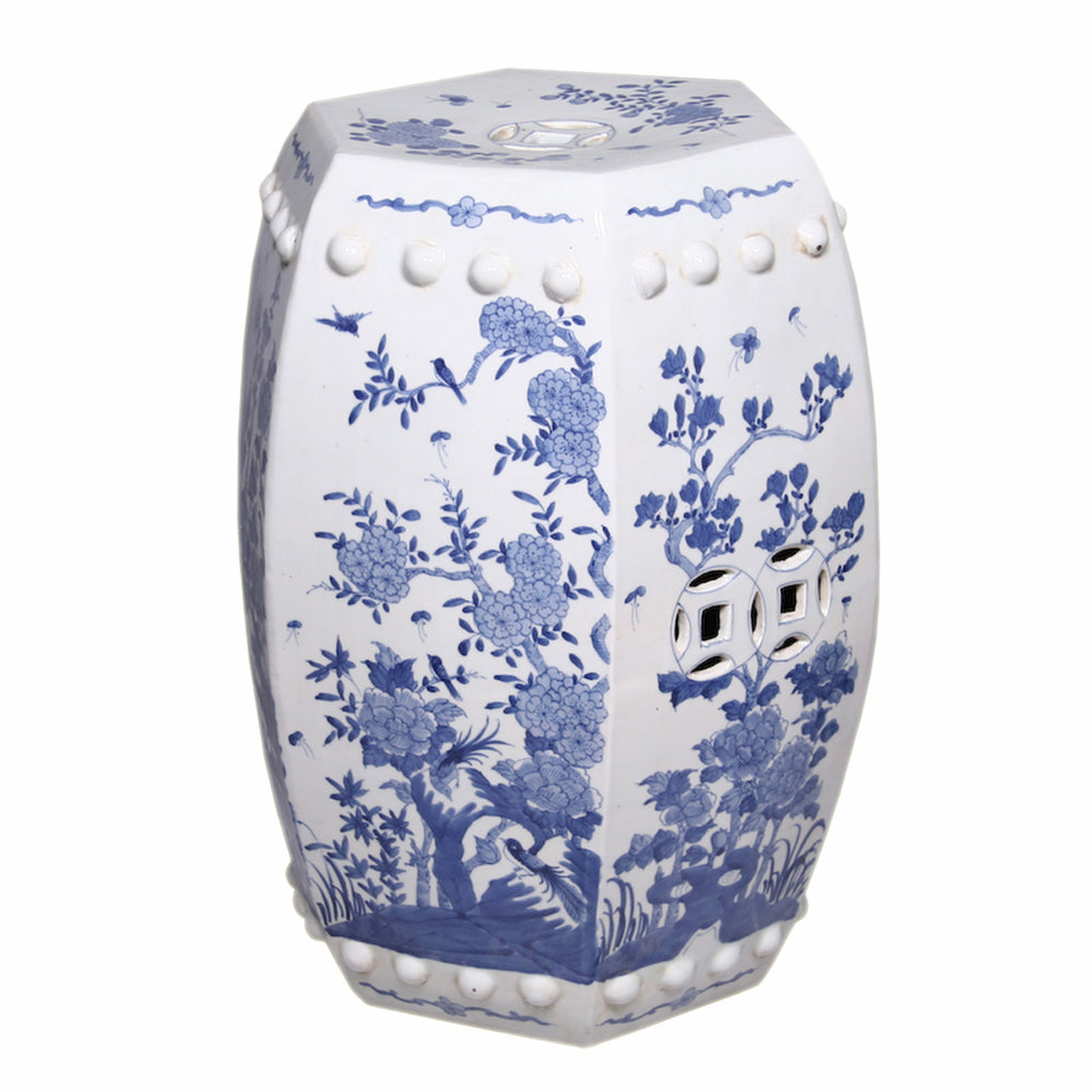 Hexagonal Blue & White Floral Bird Garden Stool