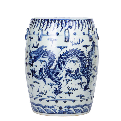 Blue and White Garden Stool Dragon Motif By Legends Of Asia