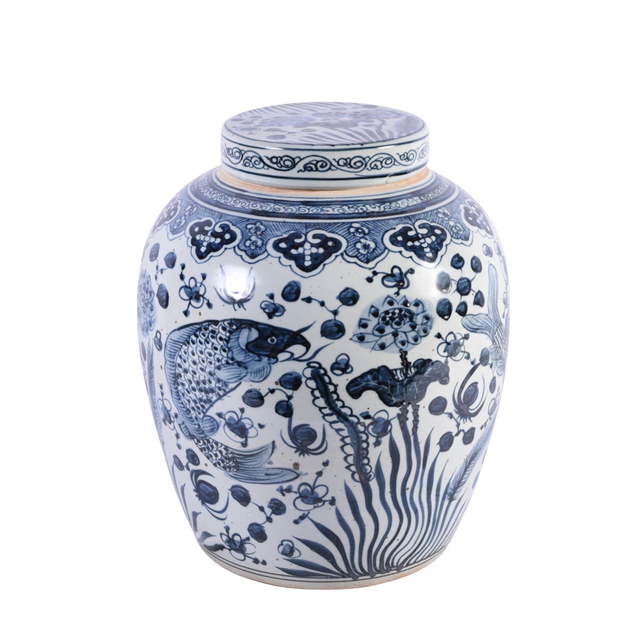 Blue & White Ancestor Lidded Jar Fish Motif By Legends Of Asia