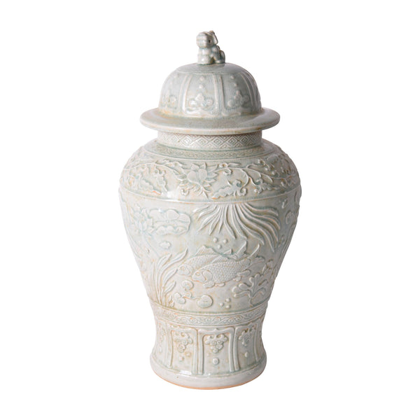 Sage Green Embossed Fish Temple Jar By Legends Of Asia