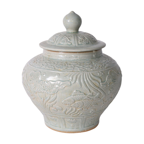 Sage Green Embossed Fish Porcelain Ginger Jar By Legends Of Asia
