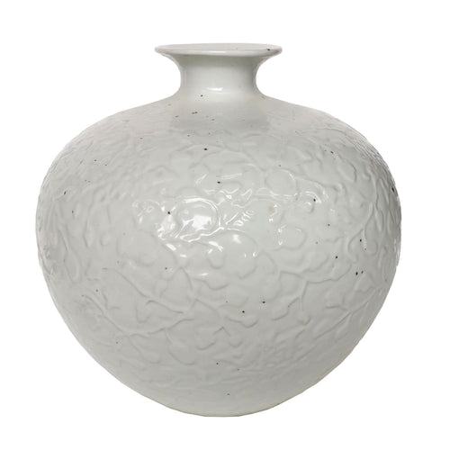 Vintage White Carved Curly Vine Pomegranate Vase By Legends Of Asia