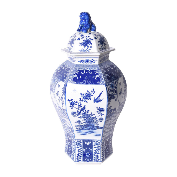 Blue & White Hexagonal Floral Bird Medallion Temple Jar By Legends Of Asia