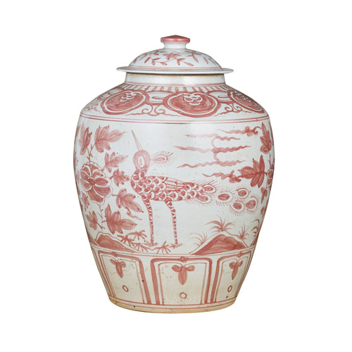 Coral Red Ginger Jar Bird Motif Small By Legends Of Asia