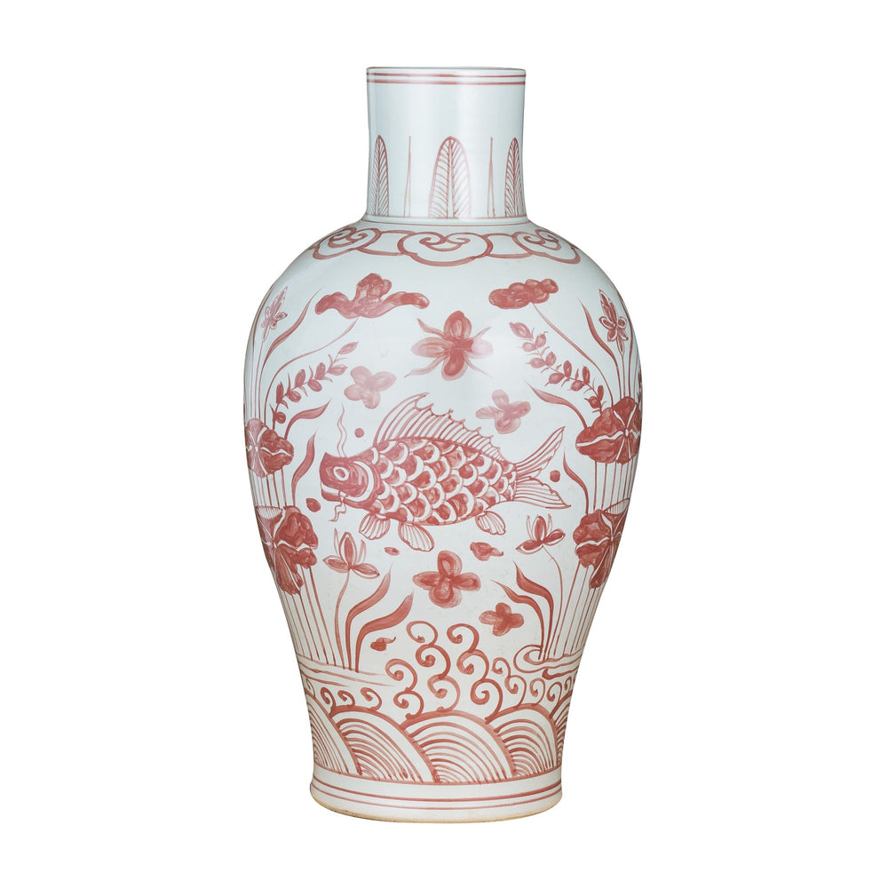 Coral Red Baluster Vase Fish Motif Small By Legends Of Asia