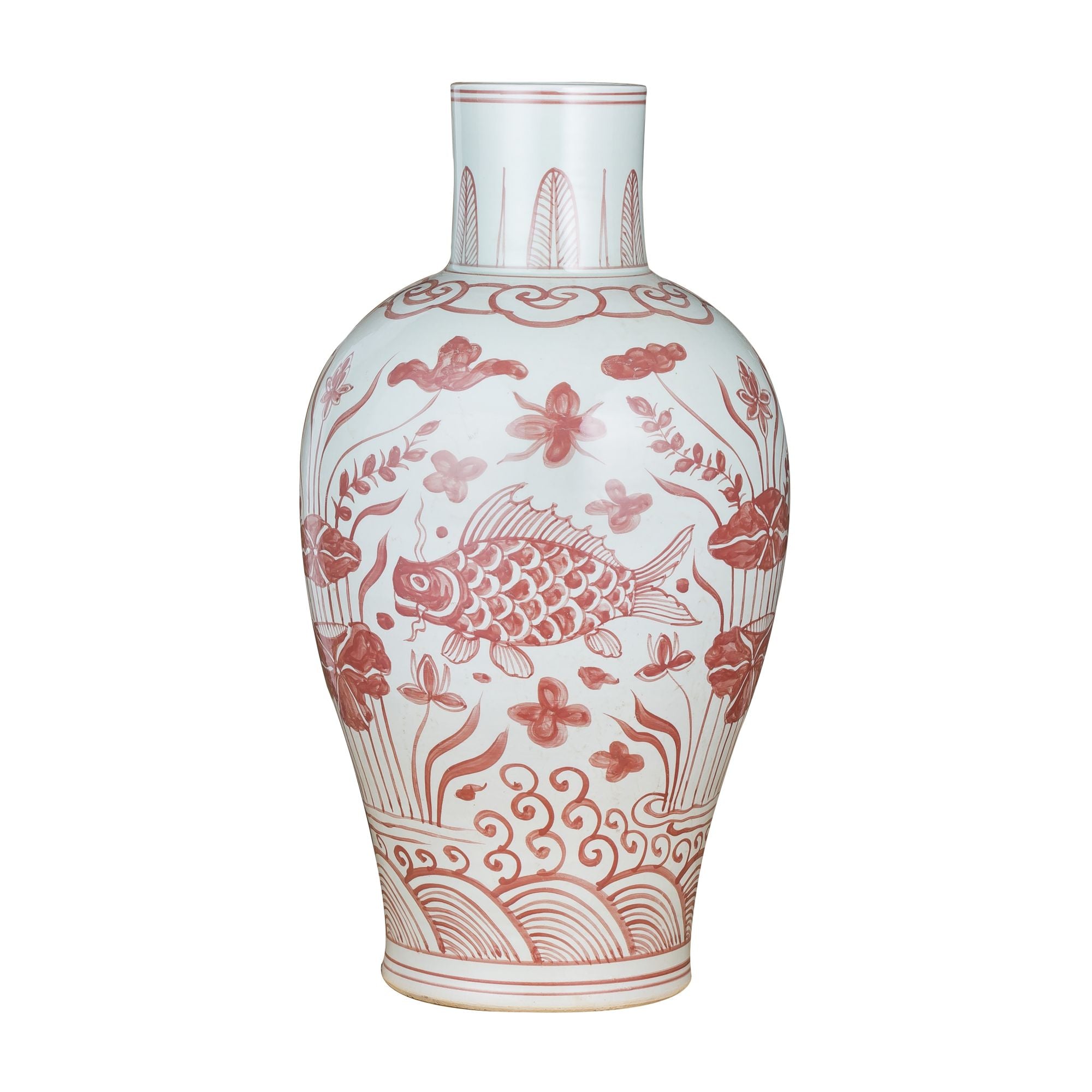 Coral Red Baluster Vase Fish Motif Small By Legends Of Asia