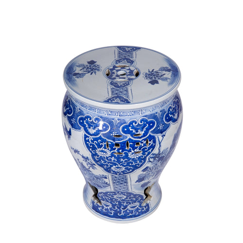 Blue and White Bird Floral Panel Drum Garden Stool by Legend of Asia