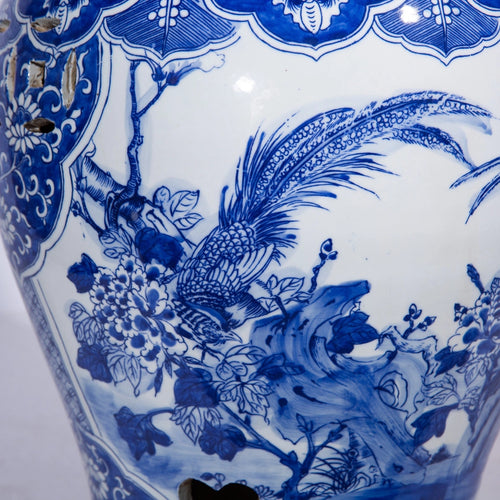 Blue and White Bird Floral Panel Drum Garden Stool by Legend of Asia