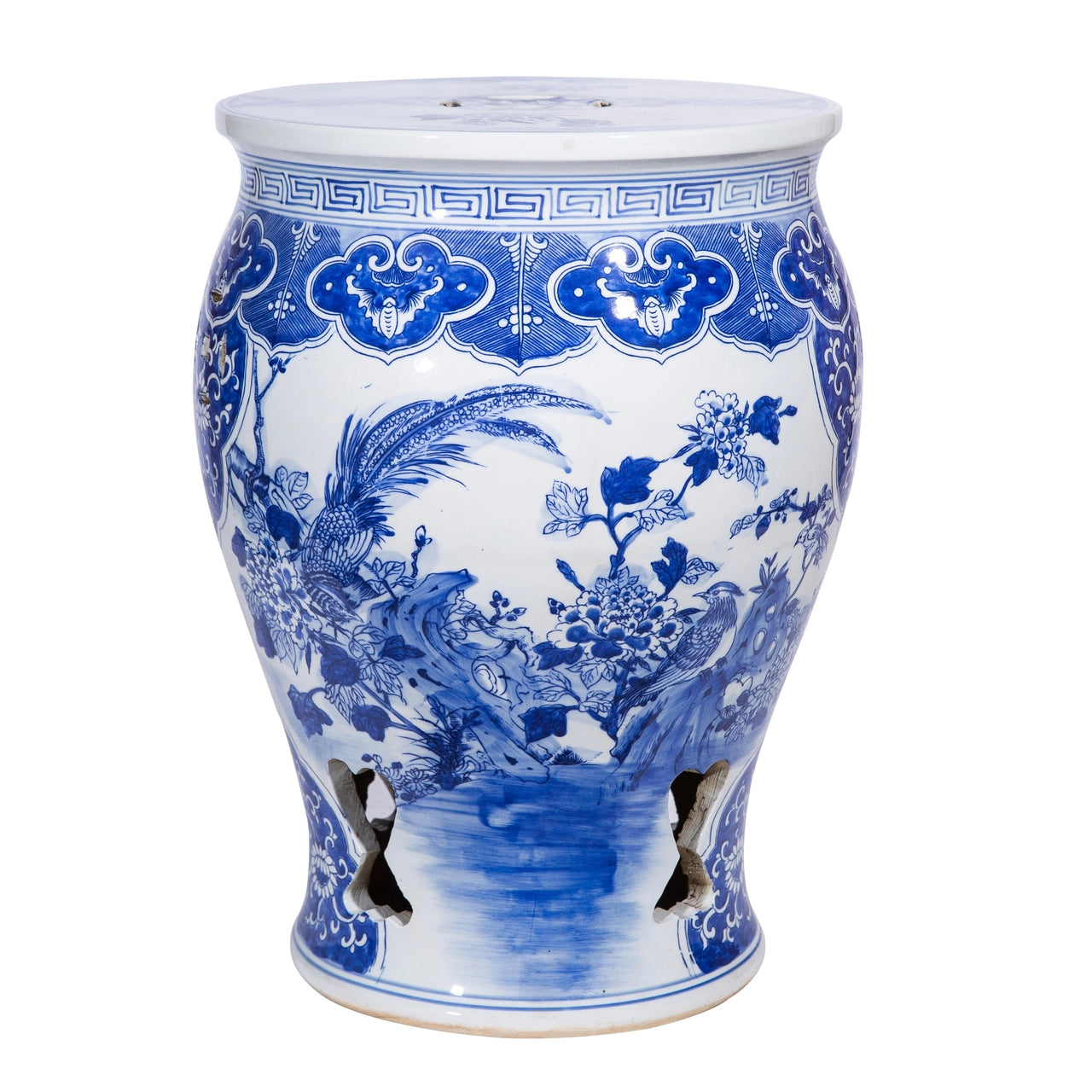 Blue and White Bird Floral Panel Drum Garden Stool by Legend of Asia