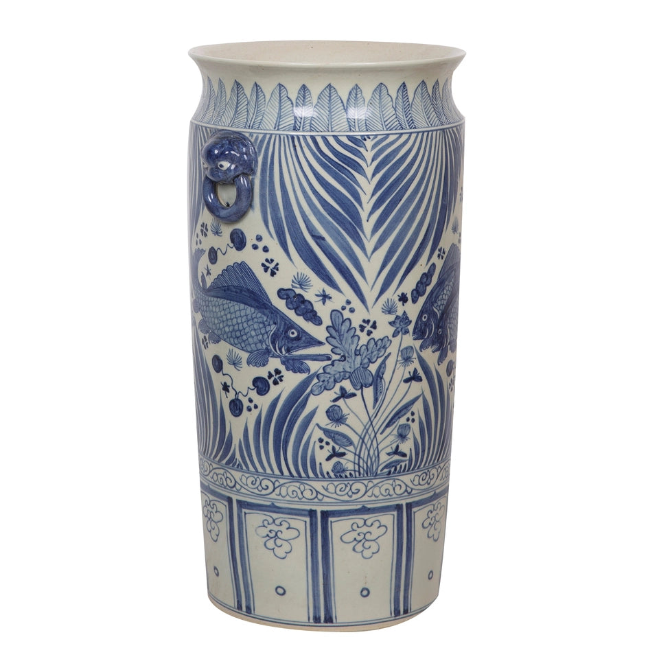 Blue & White Fish Lotus Umbrella Stand Vase