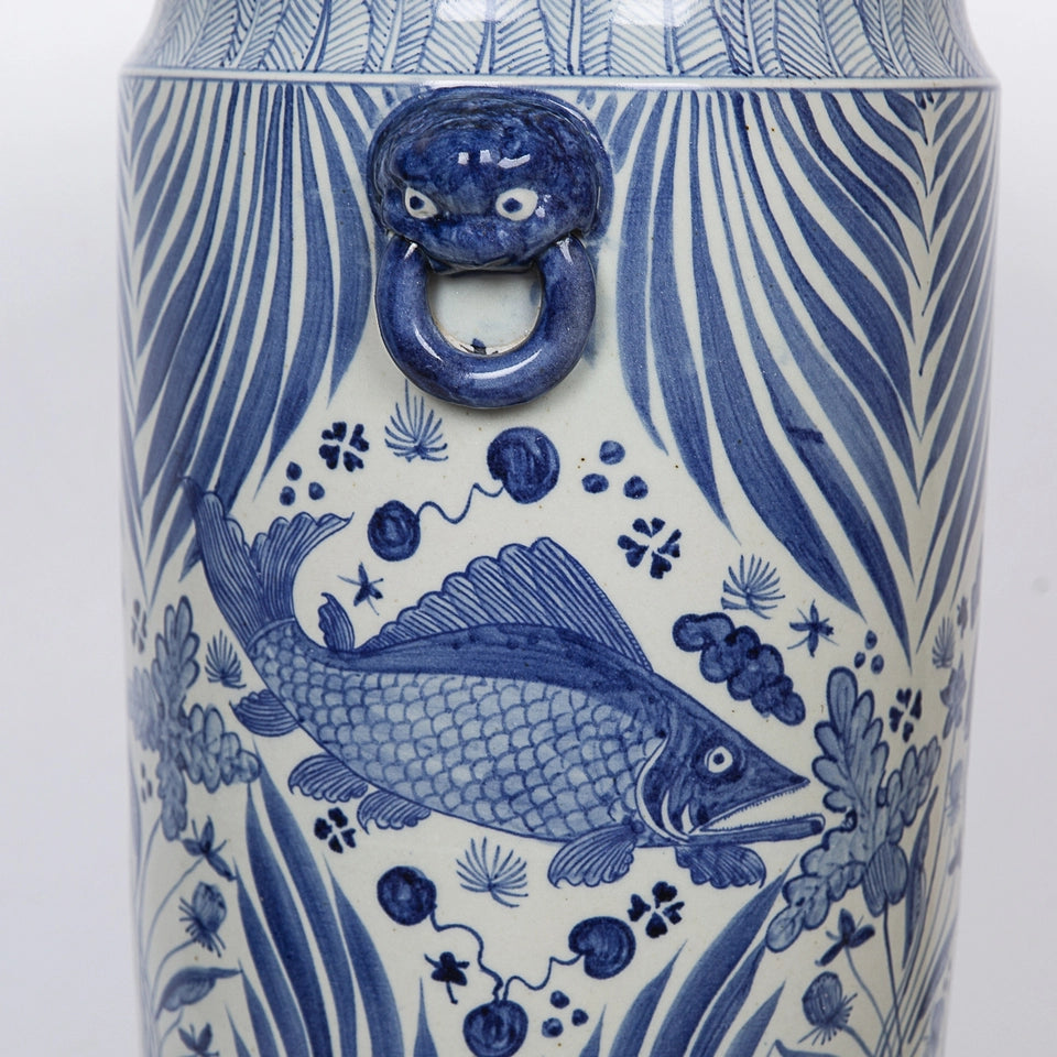 Blue & White Fish Lotus Umbrella Stand Vase
