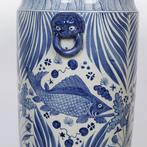 Blue & White Fish Lotus Umbrella Stand Vase