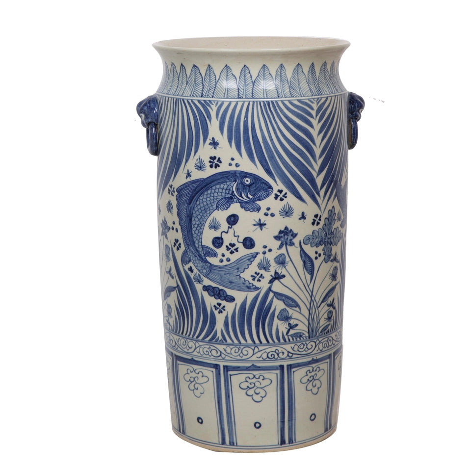Blue & White Fish Lotus Umbrella Stand Vase