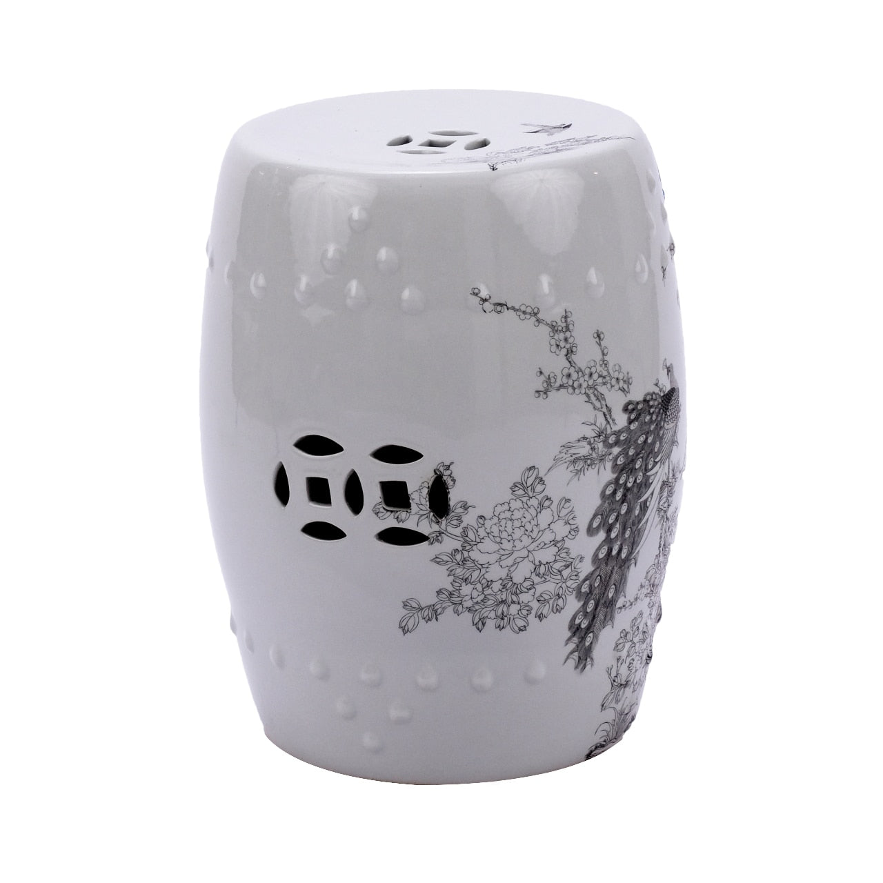White Garden Stool Black Peacock Motif