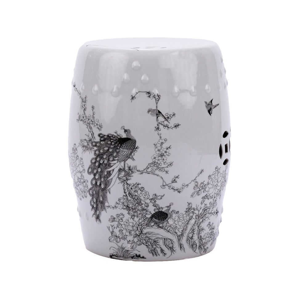 White Garden Stool Black Peacock Motif