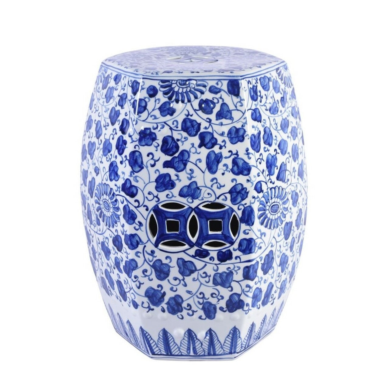 Blue & White Hex Porcelain Garden Stool Grape Vines