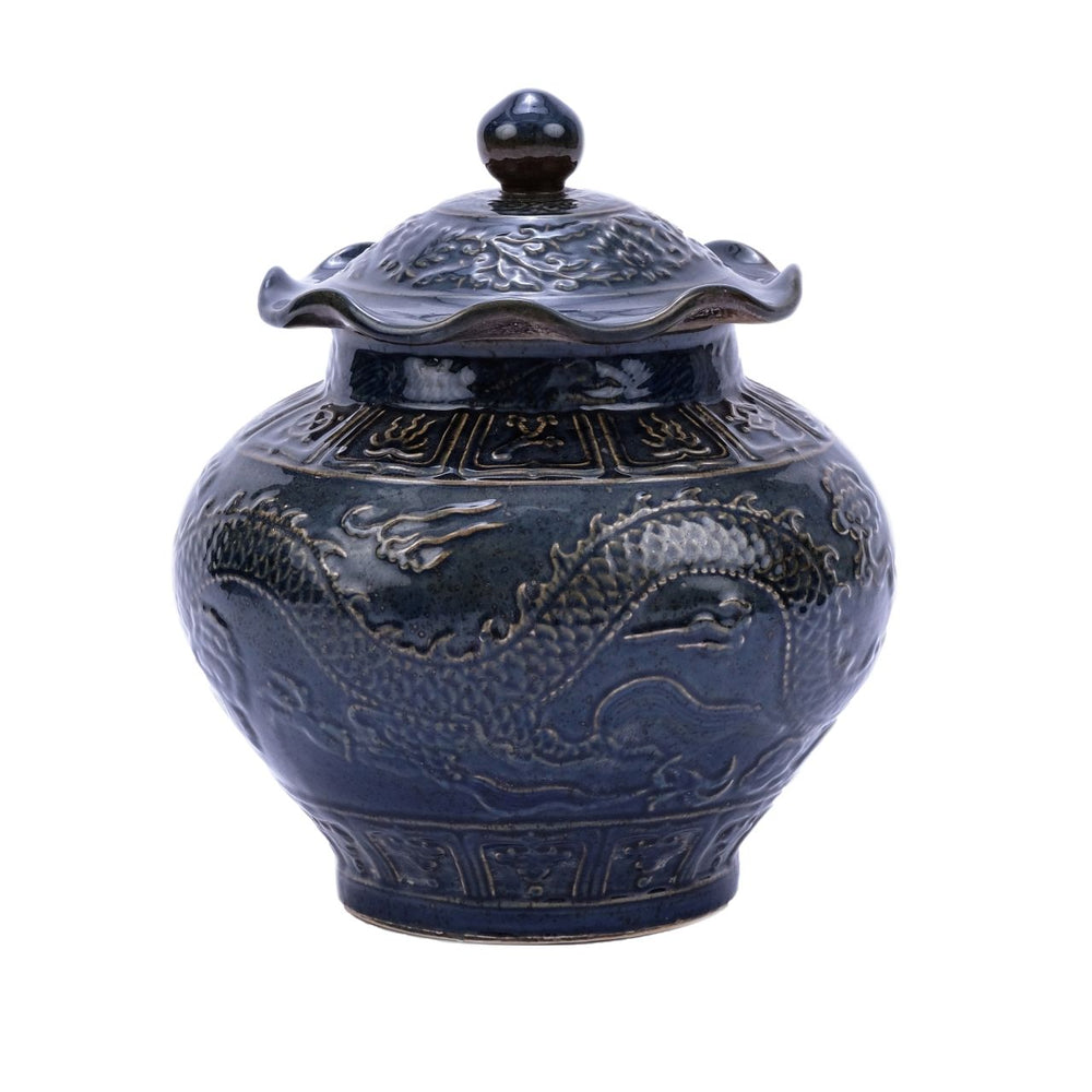 Carved Dragon Lotus Jar Speckled Indigo By Legends Of Asia