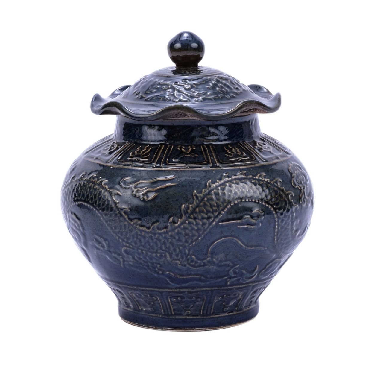 Carved Dragon Lotus Jar Speckled Indigo By Legends Of Asia