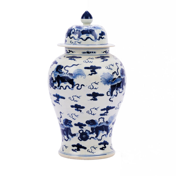 Blue & White Porcelain Foo Dog Temple Jar, Legend of Asia