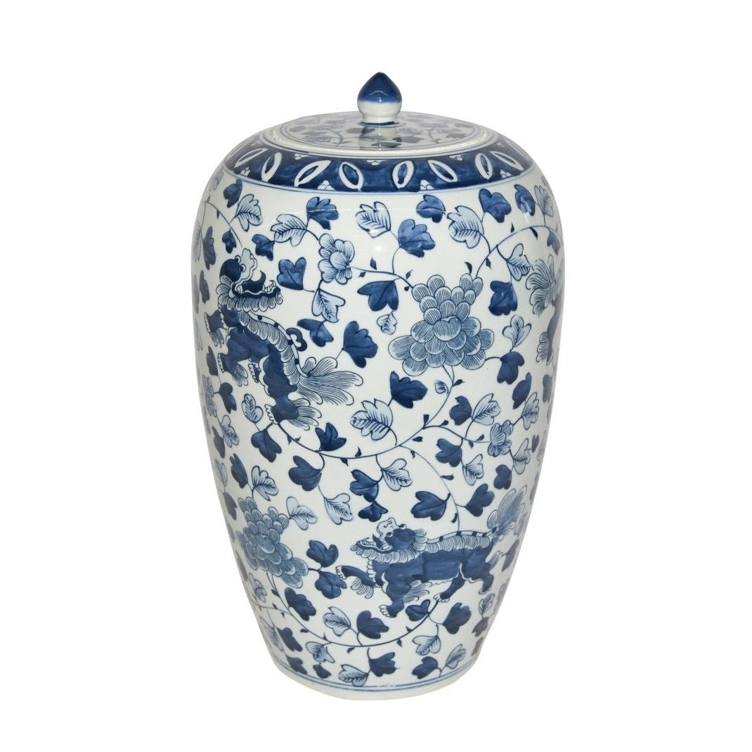 Blue & White Foo Dog Peony Lidded Ginger Jar By Legends Of Asia