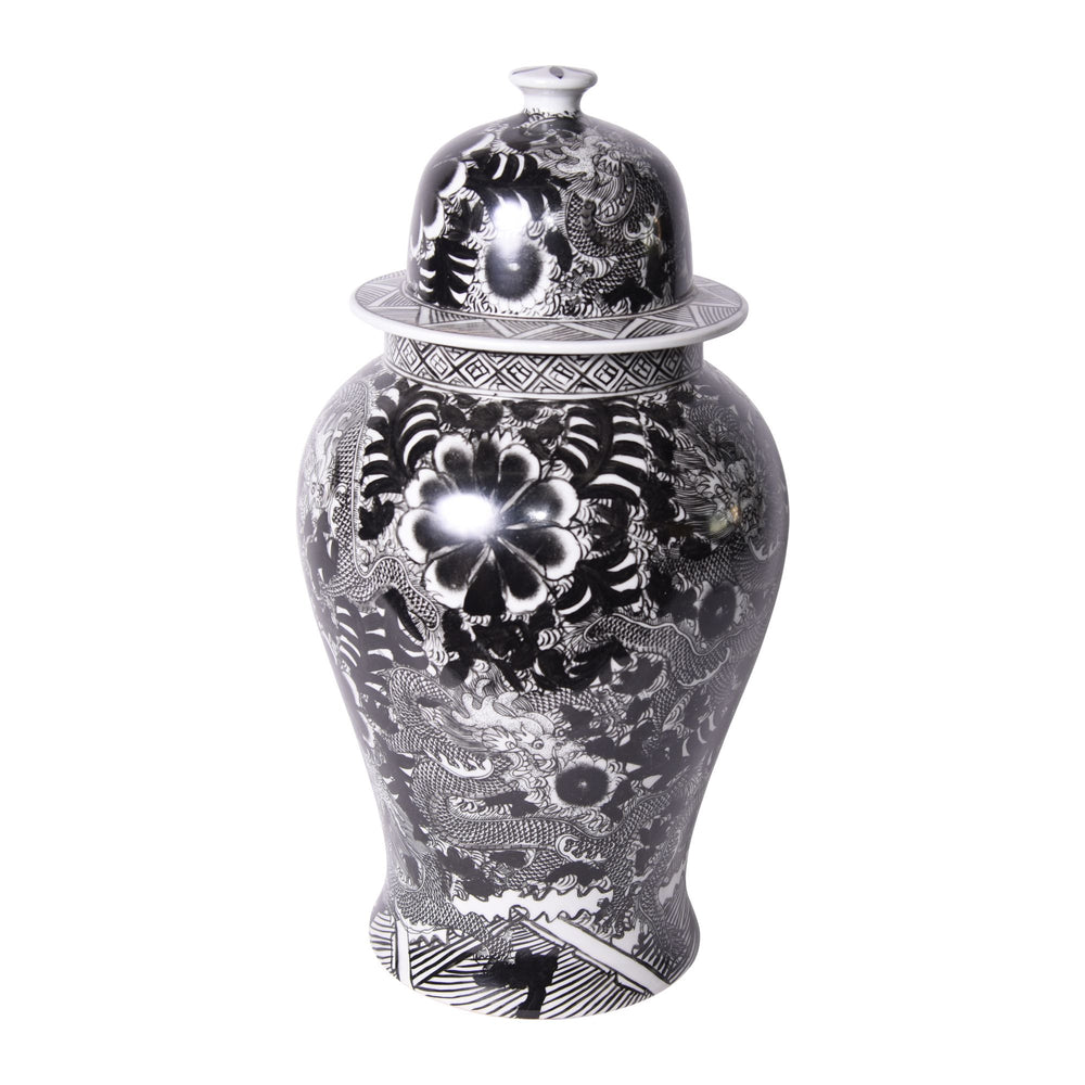 Black Temple Jar W/ Dragon & Floral Motif By Legends Of Asia