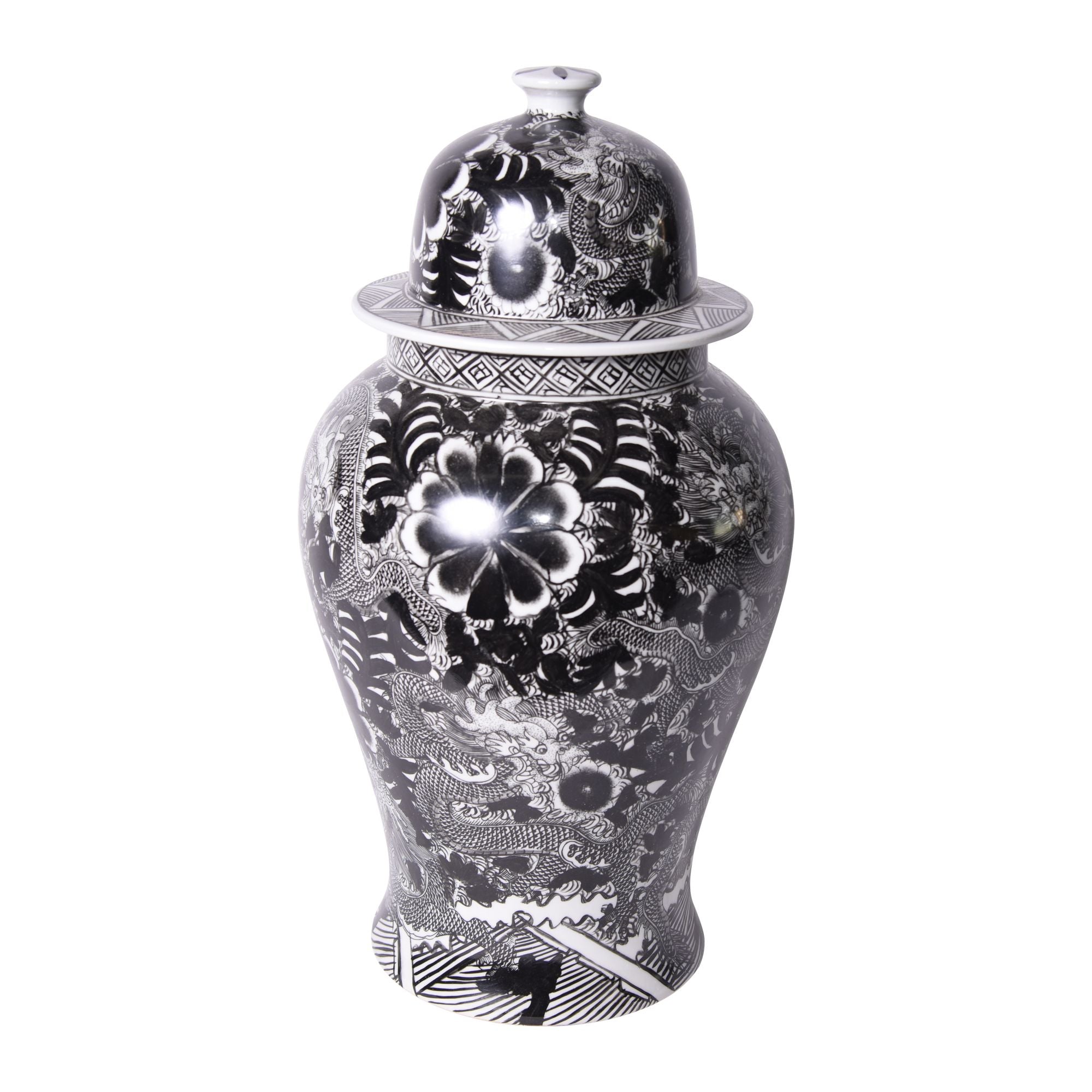 Black Temple Jar W/ Dragon & Floral Motif By Legends Of Asia