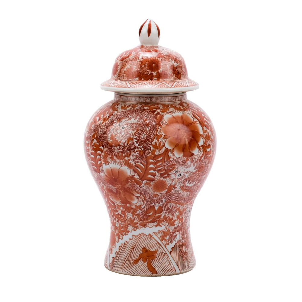 Orange Temple Jar W/ Dragon & Floral Motif Large By Legends Of Asia