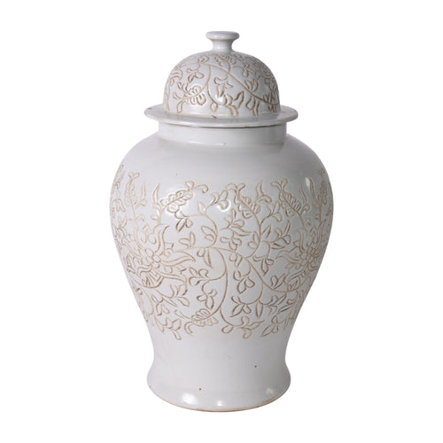 Matte White Carved Floral Temple Jar By Legends Of Asia