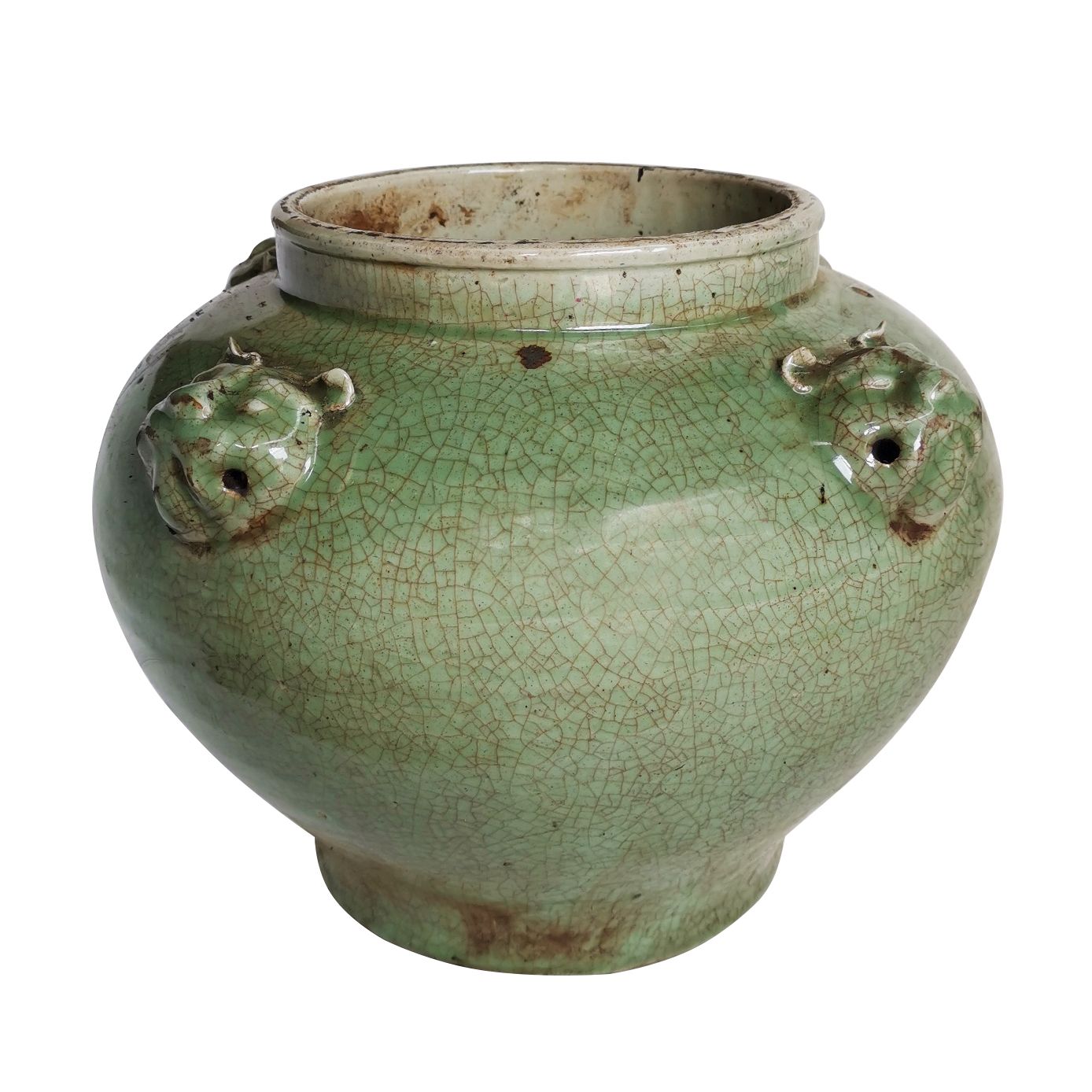 Four Lion Head Handle Jar Celadon Crackle By Legends Of Asia