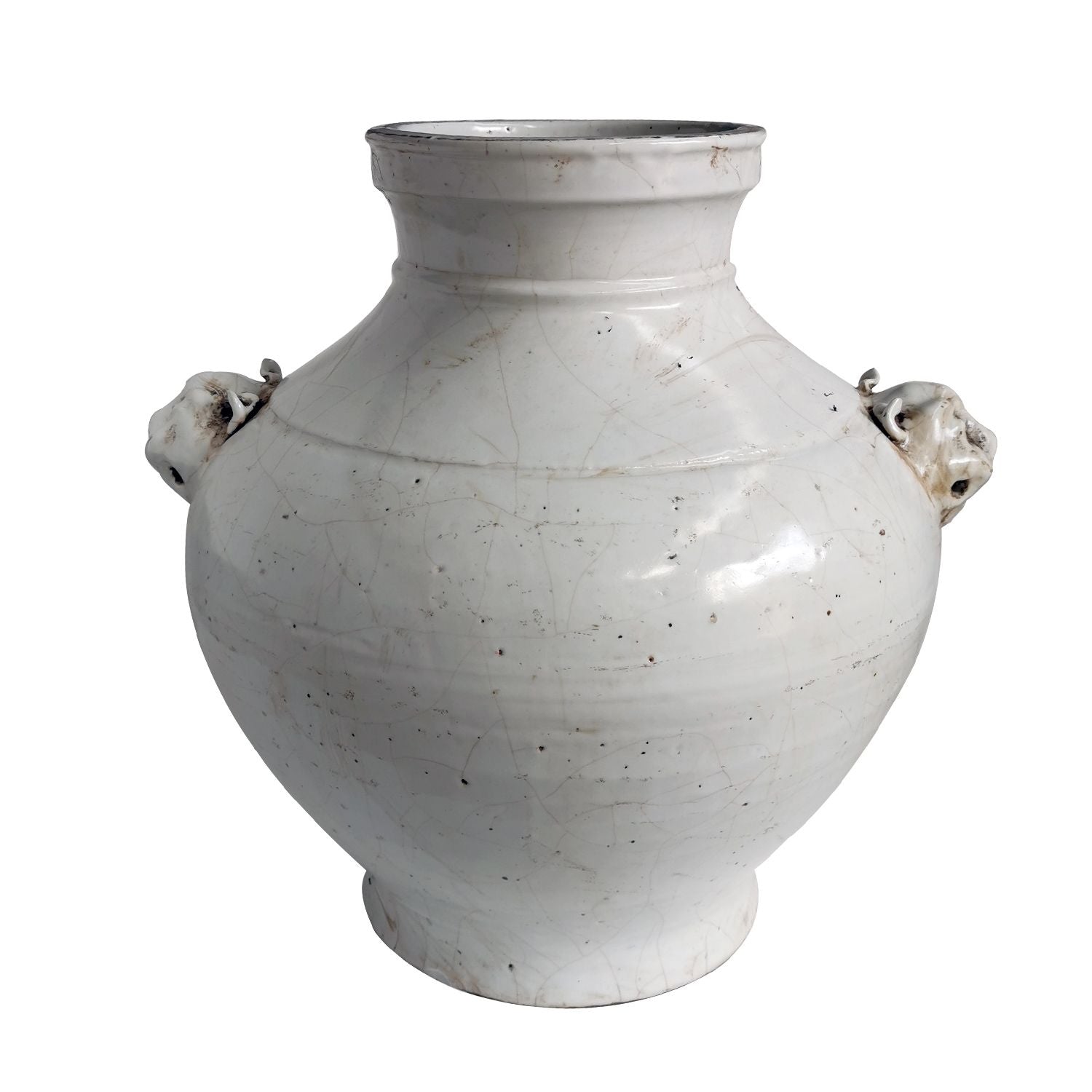 Double Lion Head Handle Jar White Crackle By Legends Of Asia