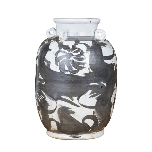 Black Four Loop Handle Jar with  Twisted Flower Motif