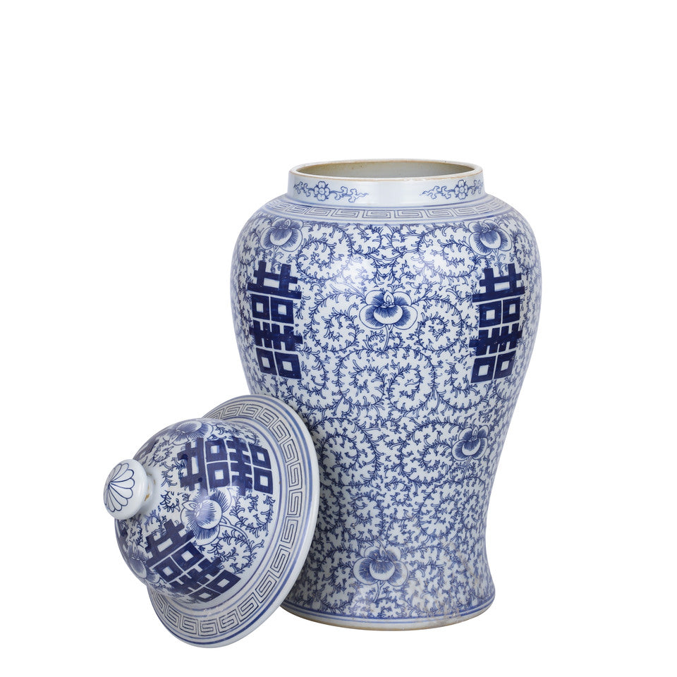 Blue and White Double Happiness Floral Temple Jar By Legends Of Asia