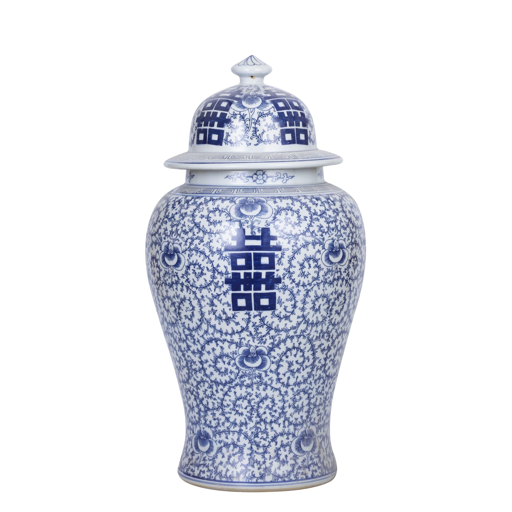 Blue and White Double Happiness Floral Temple Jar By Legends Of Asia