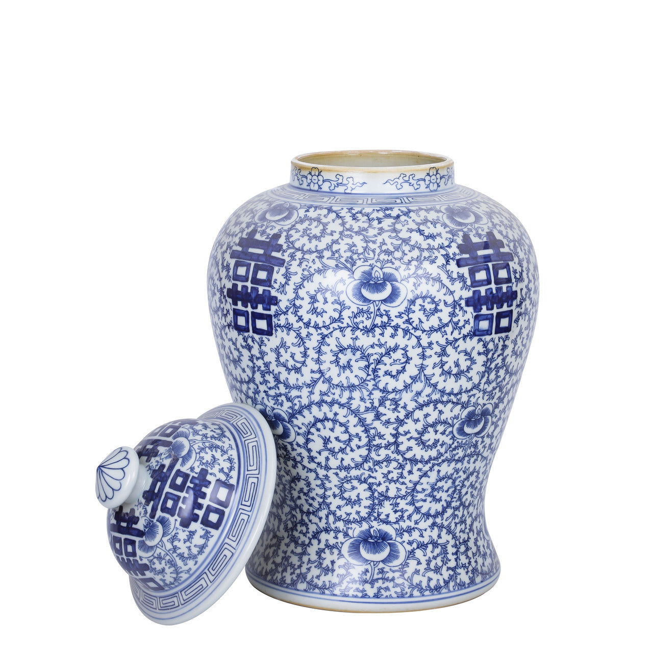 Blue and White Double Happiness Floral Temple Jar By Legends Of Asia