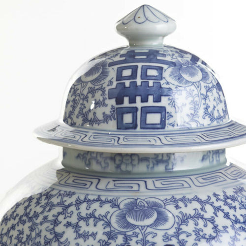 Blue and White Double Happiness Floral Temple Jar By Legends Of Asia