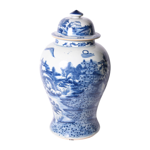 B&W Porcelain Temple Jar Landscape Motif By Legends Of Asia