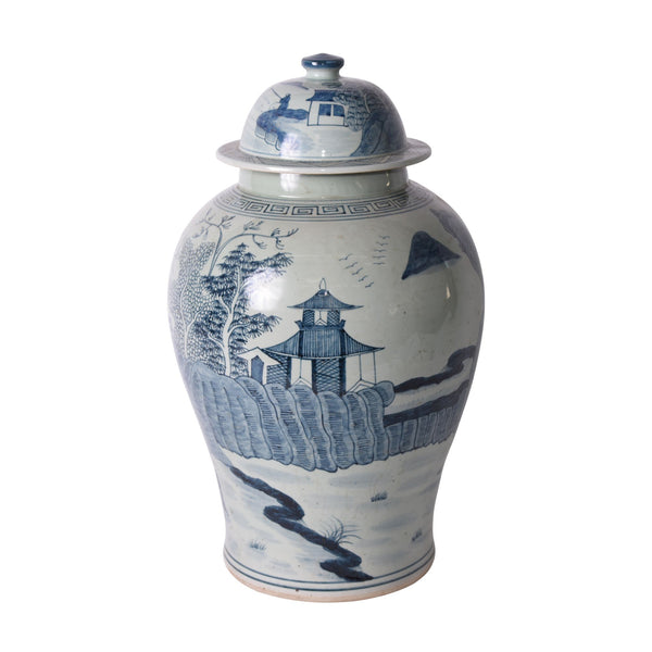 Blue And White Porcelain Temple Jar Pagoda Landscape Motif By Legends Of Asia