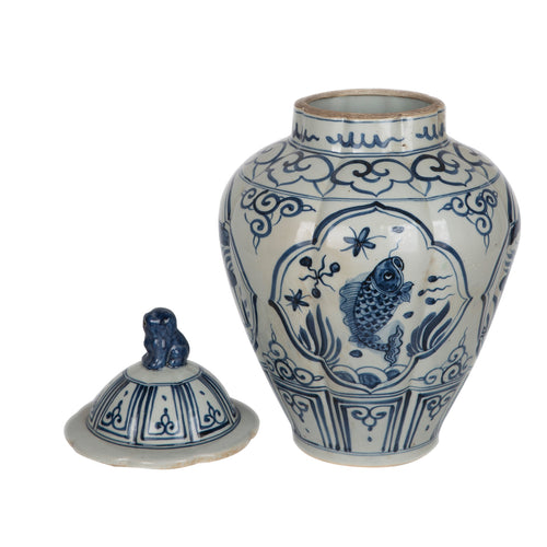 Blue And White Ridged Jar Fish Motif By Legends Of Asia