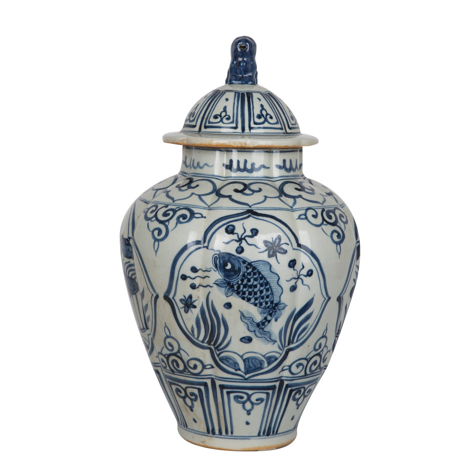 Blue And White Ridged Jar Fish Motif By Legends Of Asia