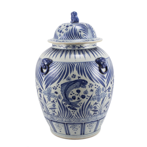 Blue and White Fish Lidded Jar With Lion Handles