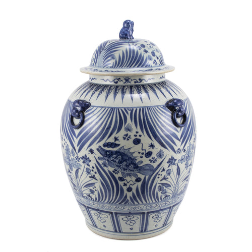 Blue and White Fish Lidded Jar With Lion Handles