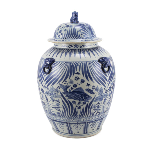 Blue and White Fish Lidded Jar With Lion Handles