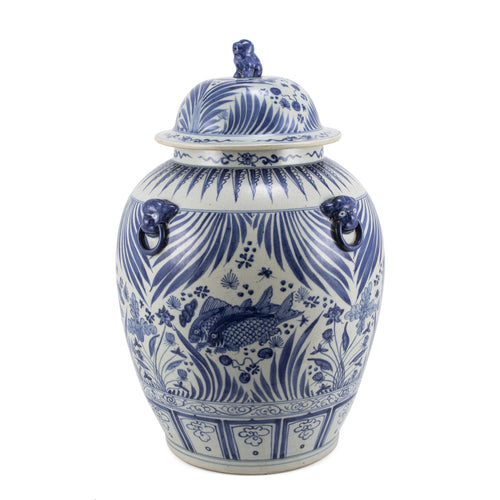 Blue and White Fish Lidded Jar With Lion Handles