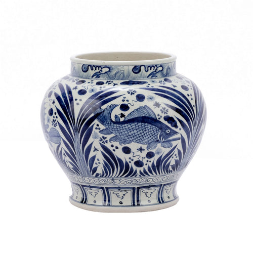 Blue and White Open Top Fish Jar By Legends Of Asia