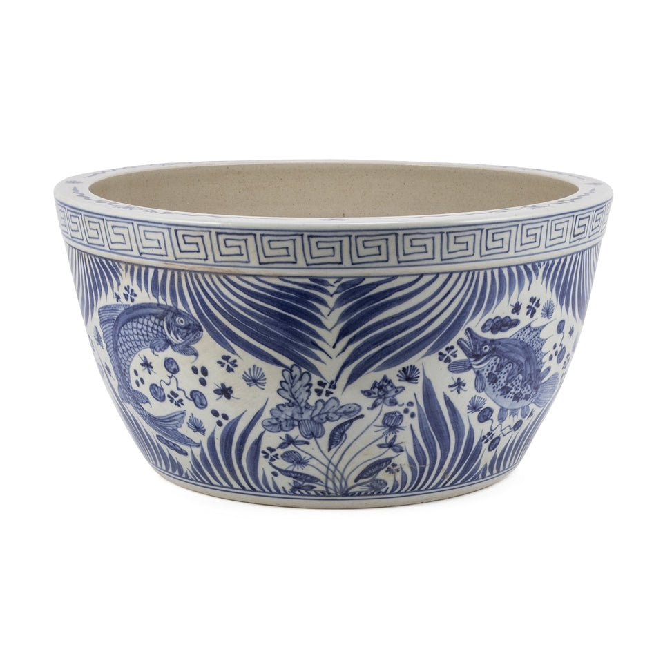 Blue And White Fish Lotus Bowl W Ith Greek Key Trim By Legends Of Asia