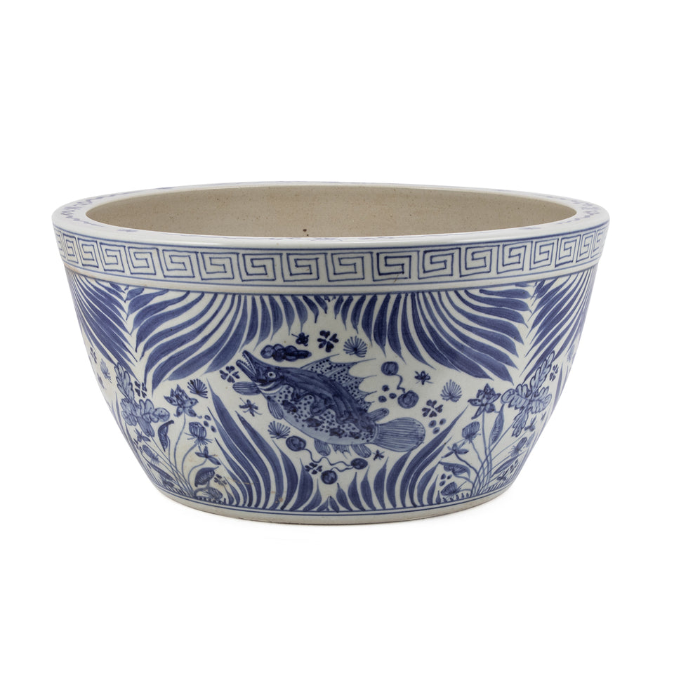 Blue And White Fish Lotus Bowl W Ith Greek Key Trim By Legends Of Asia