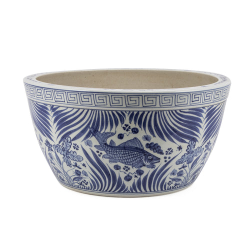 Blue And White Fish Lotus Bowl W Ith Greek Key Trim By Legends Of Asia
