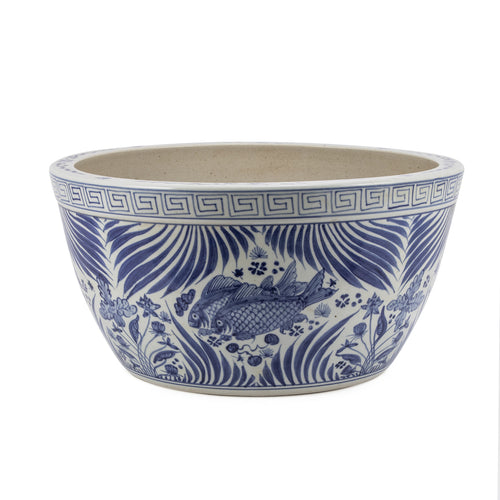 Blue And White Fish Lotus Bowl W Ith Greek Key Trim By Legends Of Asia
